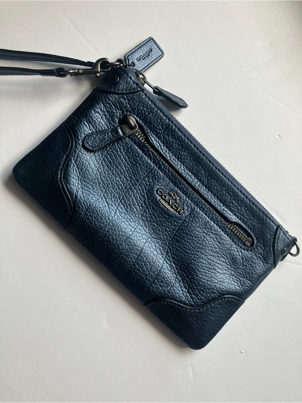 Coach Navy Blue Pebbled Leather Wristlet Clutch